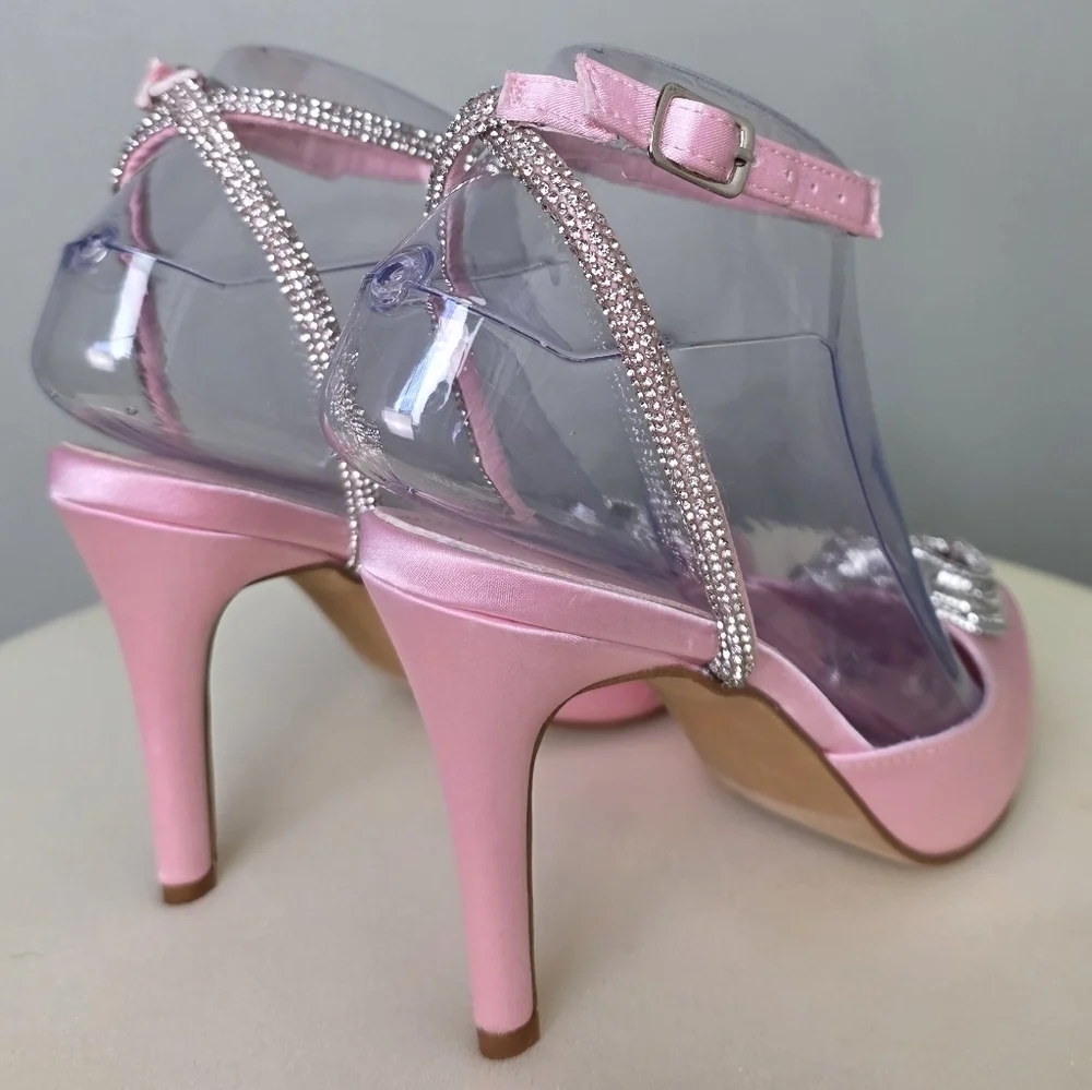 TOP MODA Pink Satin Freya Pointed Toe Sparkly Heart Ankle Strap Heel, Size 6.5